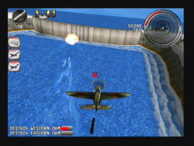 Armageddon Squadron (Zeebo) screenshot: In the second mission the airplane is equipped with torpedoes to be used in busting dams.