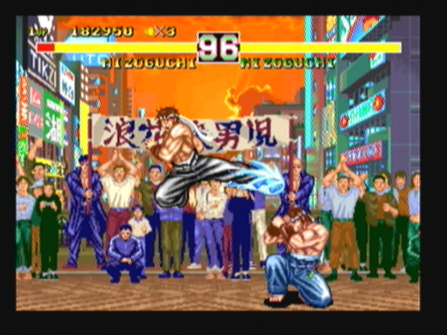 Fighter's History Dynamite (Zeebo) screenshot: Misogushi attacks with a Renzoku Keri.
