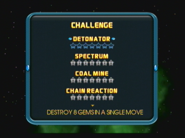Bejeweled: Twist (Zeebo) screenshot: The Challenge mode menu. The first challenge is to destroy 8 gems in a single move.