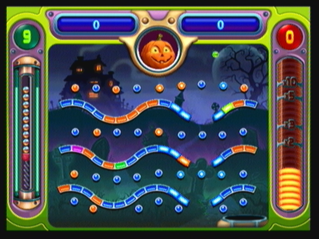 Peggle (Zeebo) screenshot: In stage 7 Reinfield will join the roster of players. His special power is the "Spooky Ball", which makes the ball reappear in the top of the screen after falling through the bottom.
