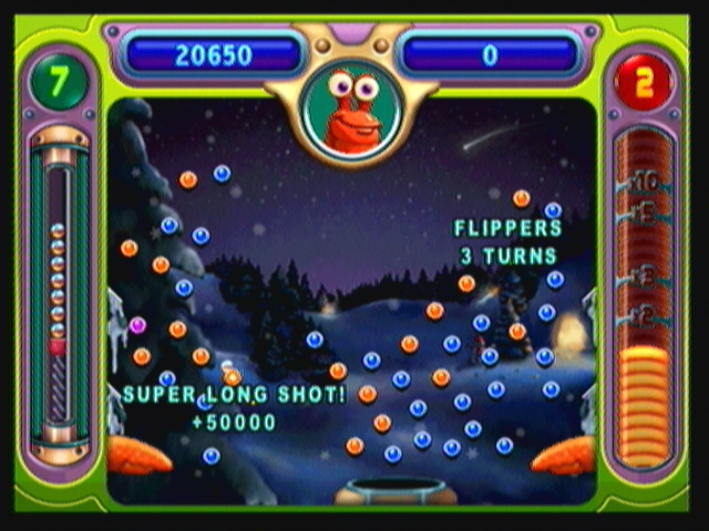 Peggle (Zeebo) screenshot: Playing a Quick Play level. When hitting a peg after bouncing on another one far from it, you get bonus points like this "Super Long Shot".