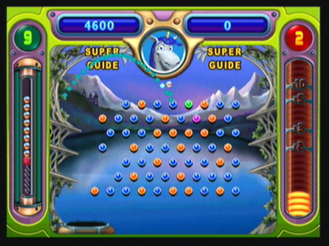 Peggle (Zeebo) screenshot: Hitting a green peg will activate the special power for that character. Bjorn's special power is the "Super Guide". It shows the trajectory the ball will take after it bounces.