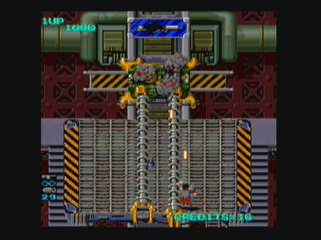 Heavy Barrel (Zeebo) screenshot: Throwing some granades against the second boss.