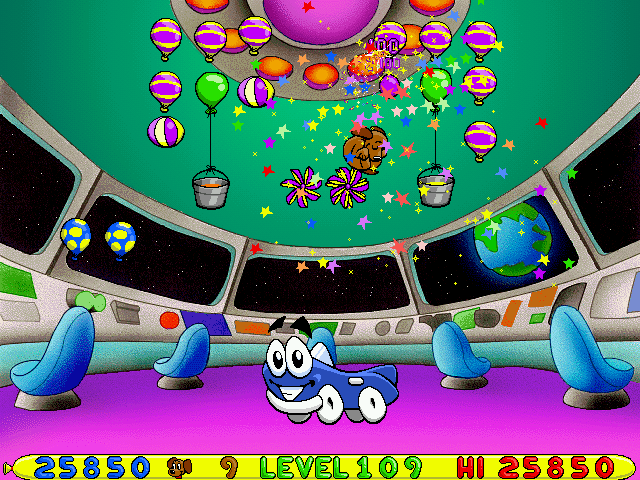 Putt-Putt and Pep's Balloon-o-Rama (Windows) screenshot: Special effects appear if Pep pops several balloons in one go - FINALLY I managed to get a screenshot with those little stars...