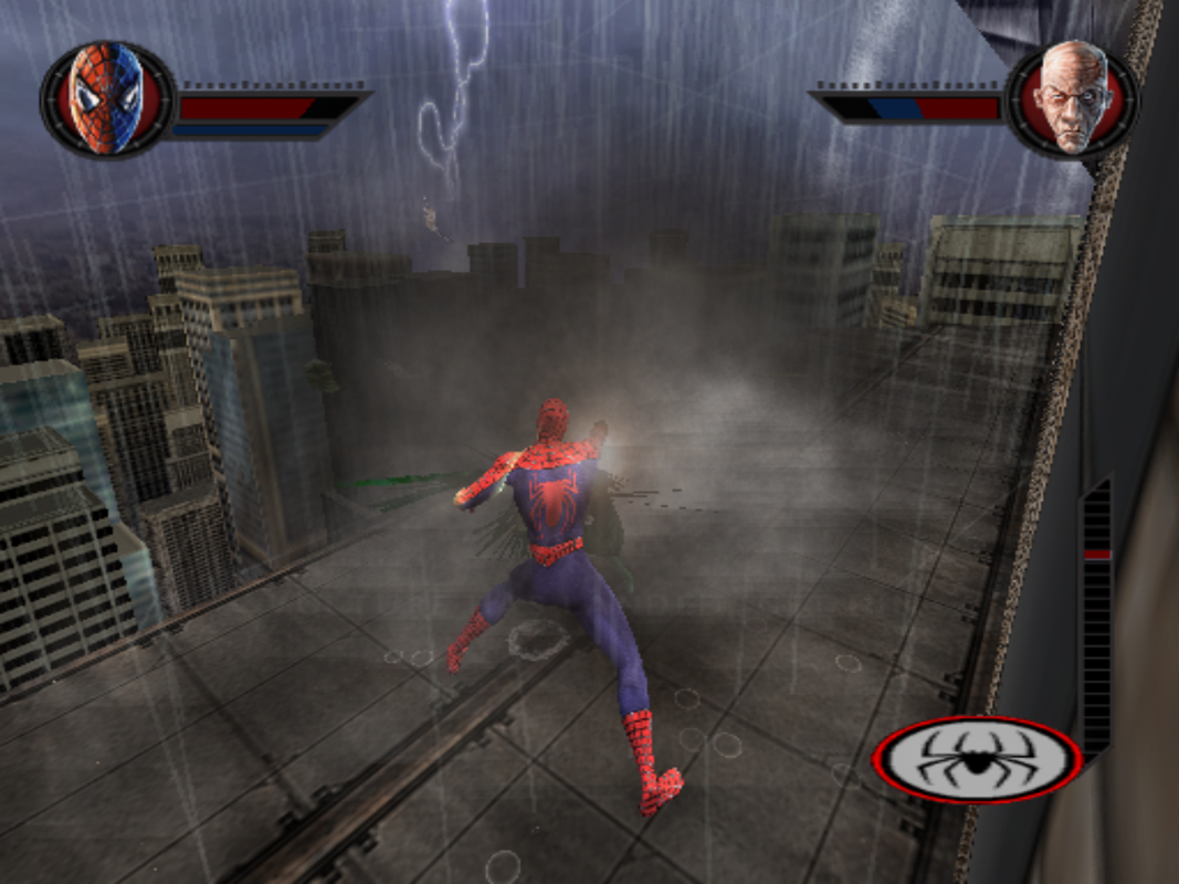 Spider-Man (PlayStation 2) screenshot: Delivering a much needed face punch to Vulture