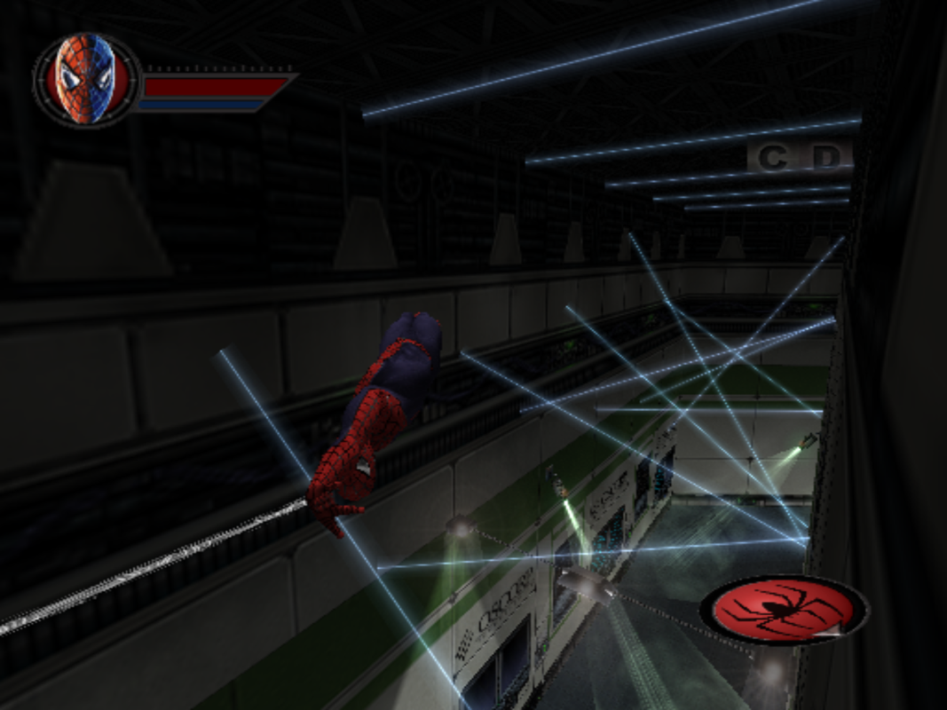 Spider-Man (PlayStation 2) screenshot: Zipping through the lasers