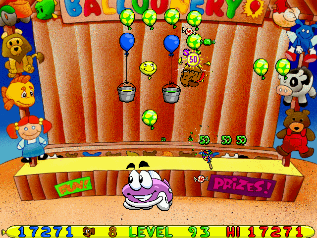 Putt-Putt and Pep's Balloon-o-Rama (Windows) screenshot: A toy shop with several characters from other Humongous Entertainment games