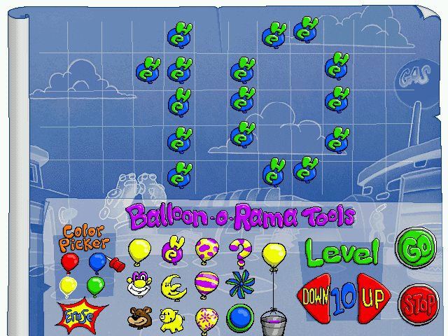 Putt-Putt and Pep's Balloon-o-Rama (Windows) screenshot: The level editor is boring and disappointing, but at least it looks different than the levels themselves...