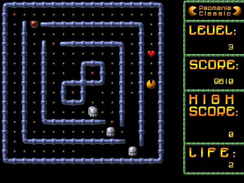 PacMania II (Windows) screenshot: Classic game level 3: a heart that gives an extra life.