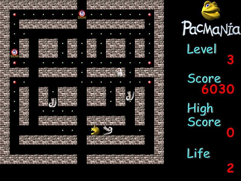 PacMania II (Windows) screenshot: Advanced game level 3: there are also enemis that pass through the walls.