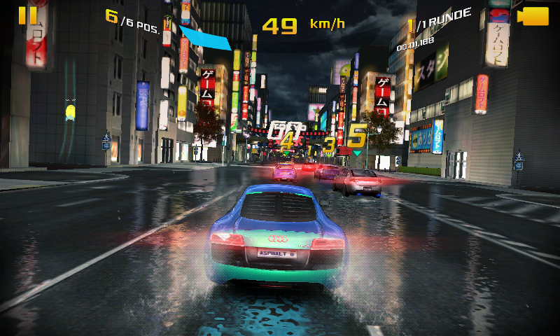 Asphalt 8: Airborne (Android) screenshot: Audi e-tron race on the Tokyo track (German version)