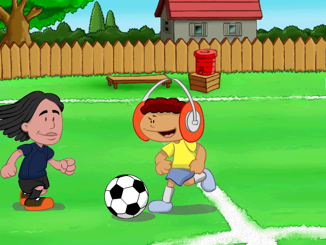 Backyard Soccer 2004 (Windows) screenshot: In the introduction, we have Achmed kicking the ball down the field.