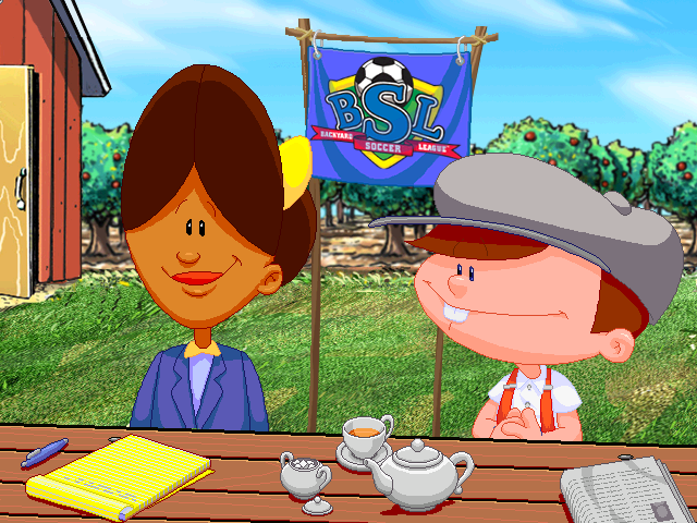 Backyard Soccer 2004 (Windows) screenshot: Sunny Day and Earl Grey discuss matters pertaining to the game.