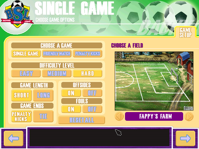 Backyard Soccer 2004 (Windows) screenshot: Pick your field...wait, FAPPY'S Farm!? Uhh...I don't even want to know.