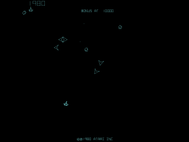 Asteroids Deluxe (Arcade) screenshot: When hit, the ship turns into smaller ships.