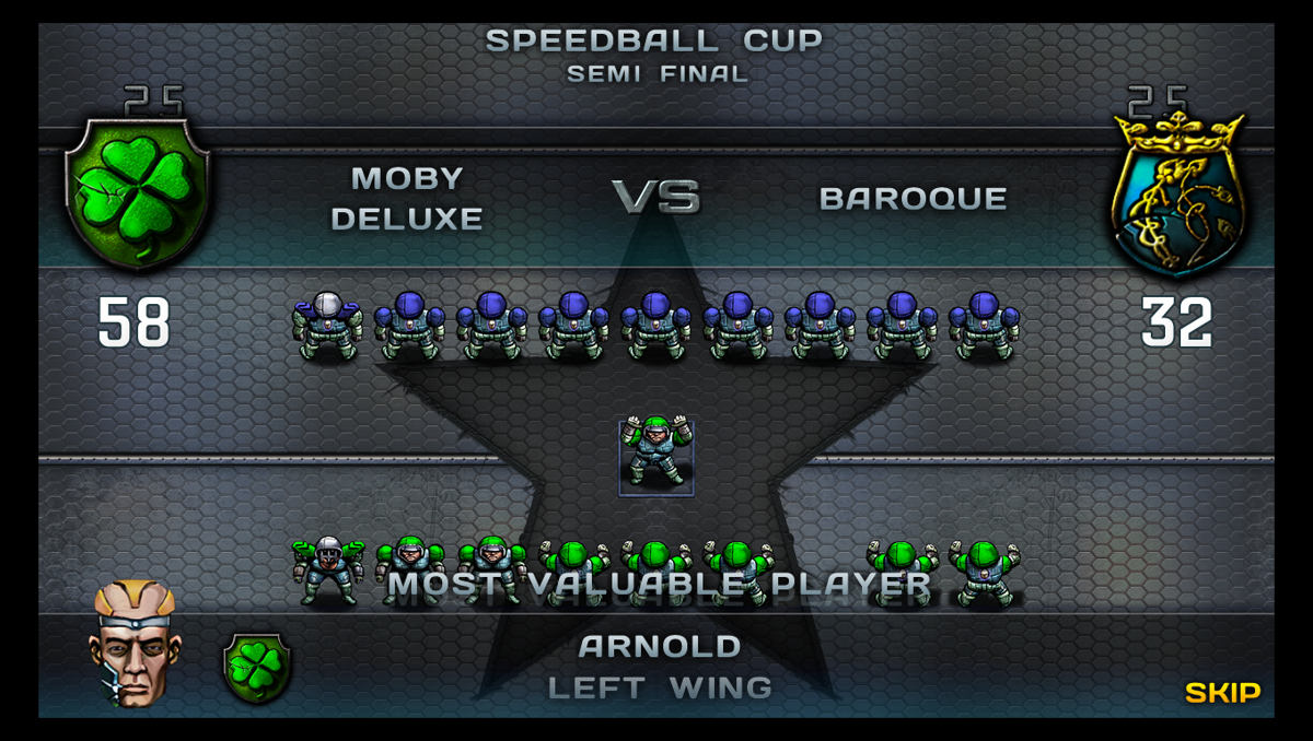 Speedball 2 HD (Windows) screenshot: MVP ("Most valuable player") award is granted after each game to a single player.