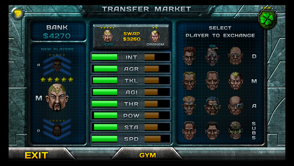 Speedball 2 HD (Windows) screenshot: Checking the transfer market. If you can afford, some transfers are cheaper than training of your current players.