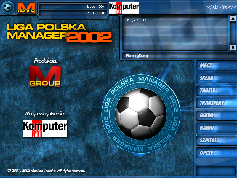 Liga Polska Manager 2002 (Windows) screenshot: Main menu