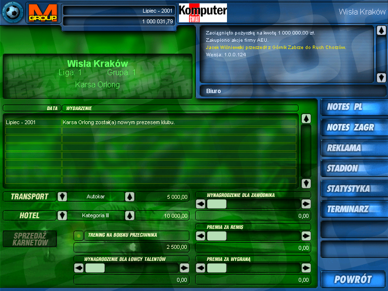Liga Polska Manager 2002 (Windows) screenshot: Biuro menu