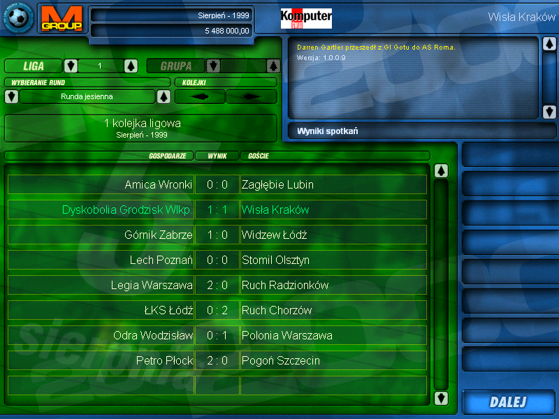 Liga Polska Manager 2000 (Windows) screenshot: Round results