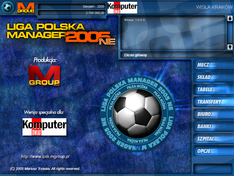 Liga Polska Manager 2005 NE (Windows) screenshot: Main menu