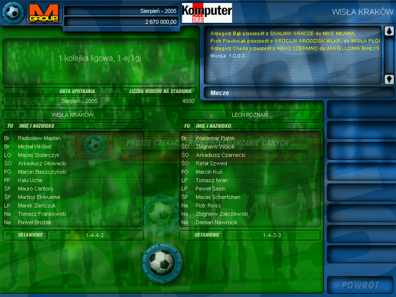 Liga Polska Manager 2005 NE (Windows) screenshot: Match introduction