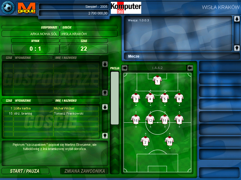 Liga Polska Manager 2005 NE (Windows) screenshot: Match commentary