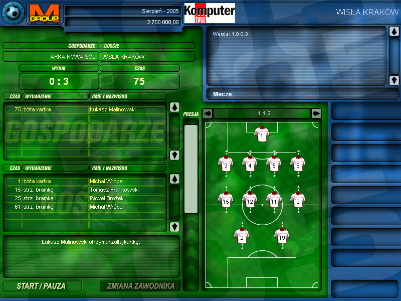 Liga Polska Manager 2005 NE (Windows) screenshot: Match commentary - yellow card