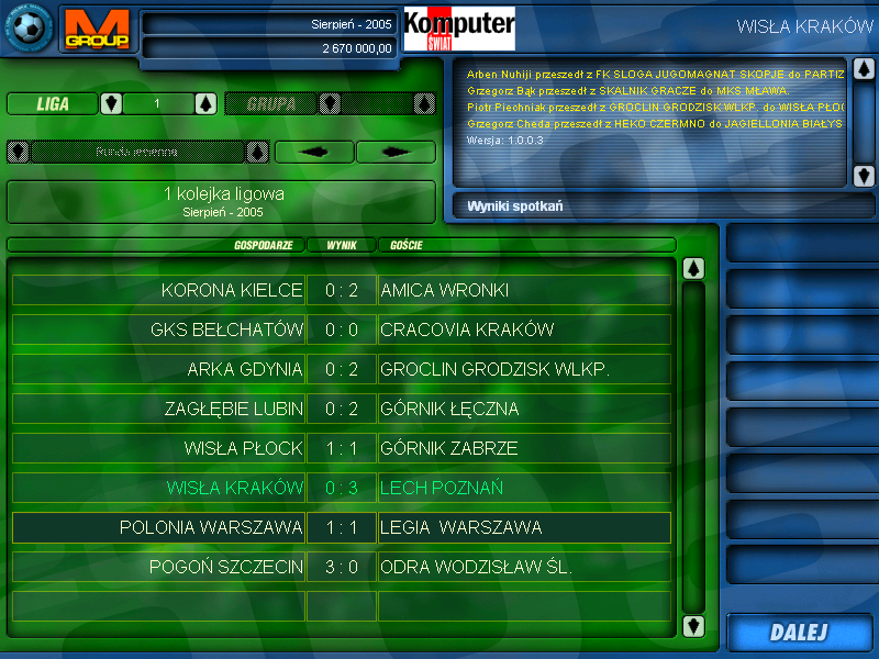 Liga Polska Manager 2005 NE (Windows) screenshot: Round results