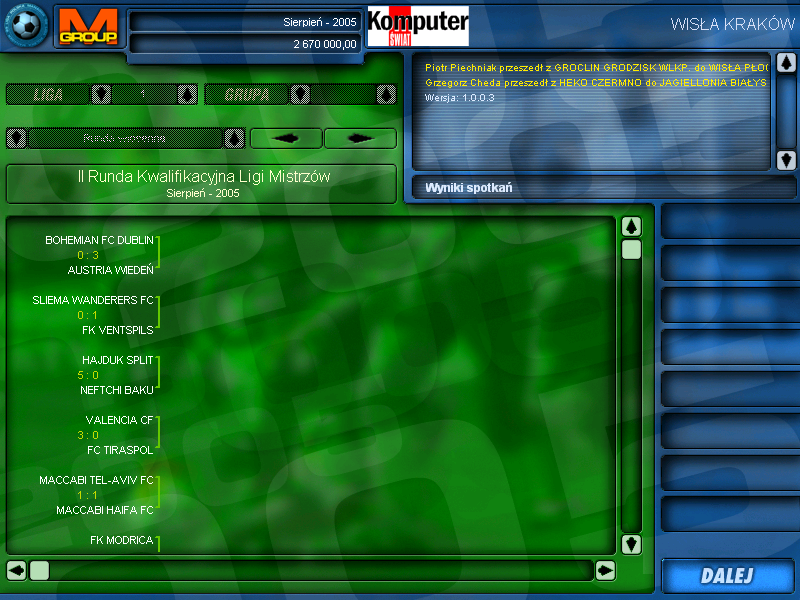 Liga Polska Manager 2005 NE (Windows) screenshot: European Cup schedule