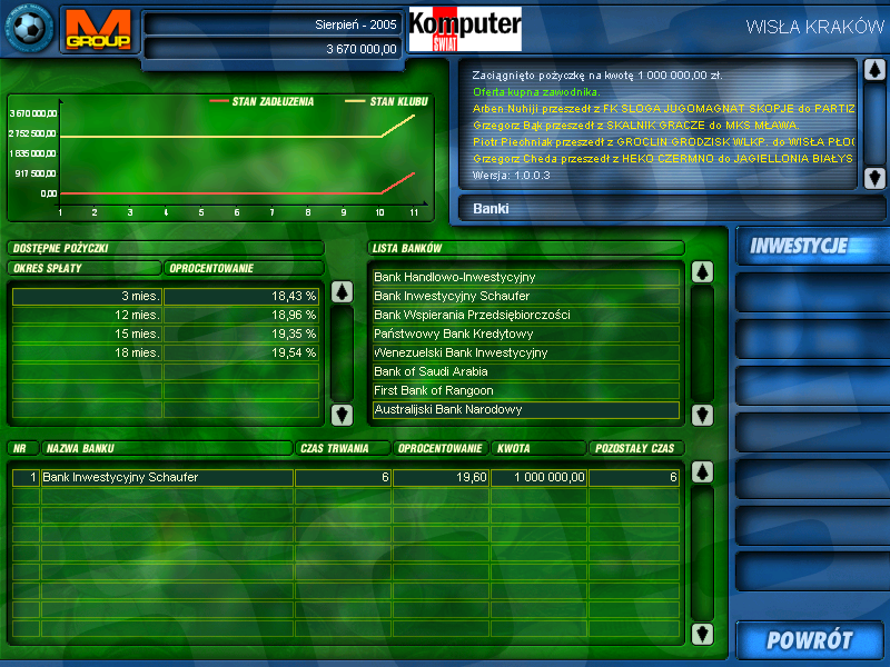 Liga Polska Manager 2005 NE (Windows) screenshot: Banking summary