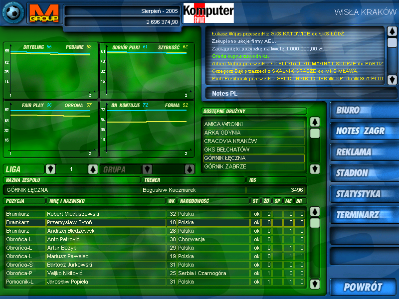 Liga Polska Manager 2005 NE (Windows) screenshot: Local market notes