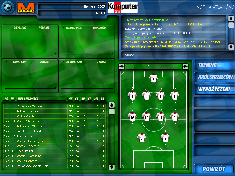 Liga Polska Manager 2005 NE (Windows) screenshot: Team menu