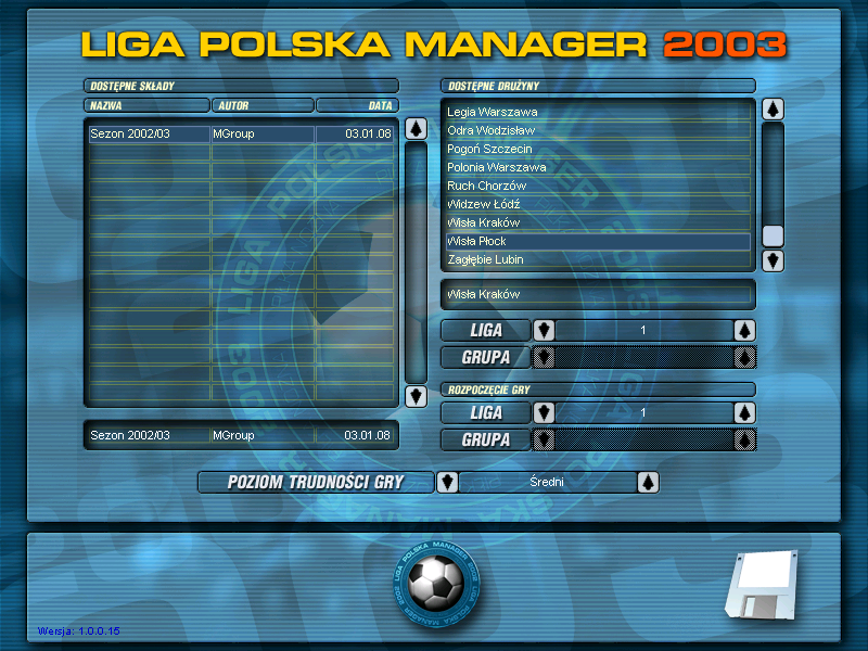 Liga Polska Manager 2003 (Windows) screenshot: Club selection