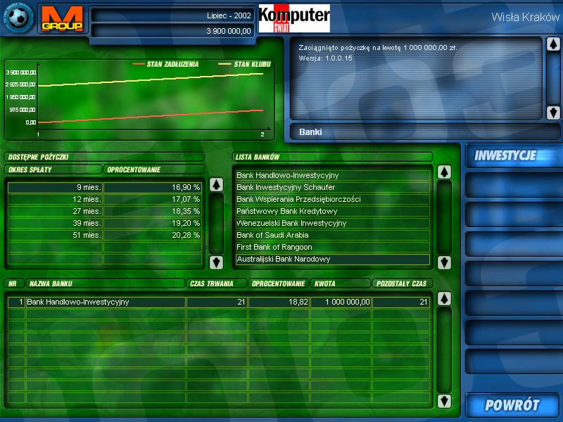Liga Polska Manager 2003 (Windows) screenshot: Banking summary