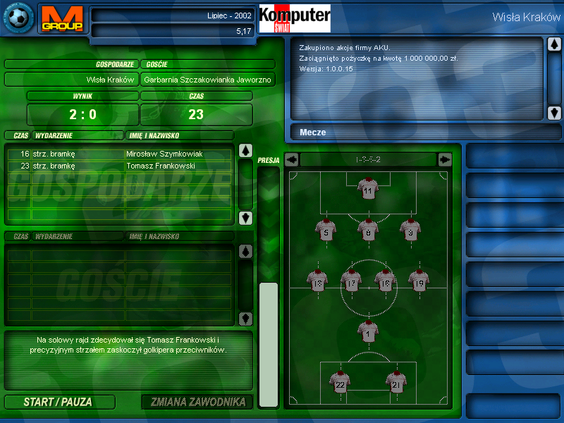 Liga Polska Manager 2003 (Windows) screenshot: Match commentary - goal scored