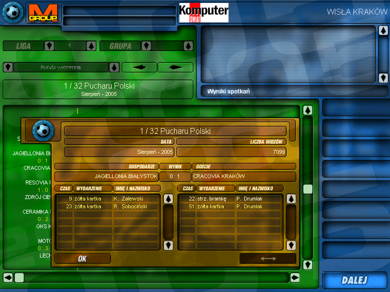 Liga Polska Manager 2005 NE (Windows) screenshot: Match summary