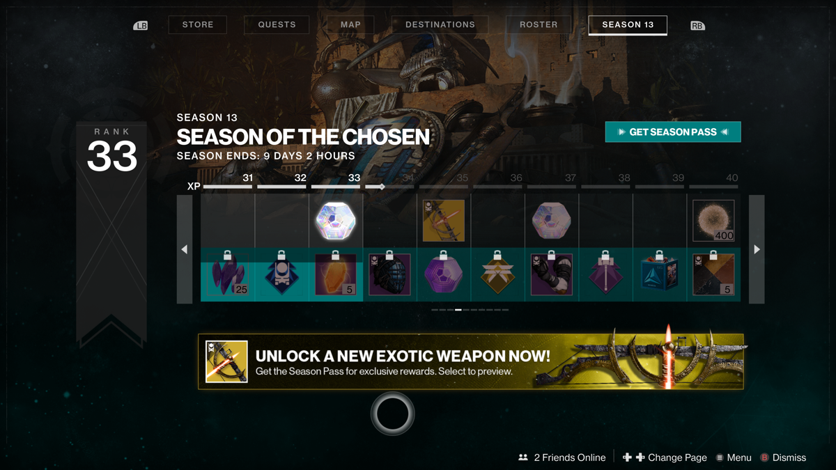 Destiny 2: Season of the Chosen Silver Bundle (Xbox One) screenshot: Season progress: Players can earn the exotic bow once they reach level 35.