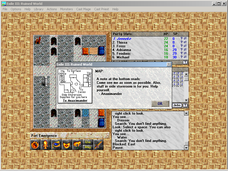 Exile III: Ruined World (Windows 3.x) screenshot: Notes such like this provide useful hints throughout the game. Here you need to pick up equipment and get directions from the quest giving NPC.