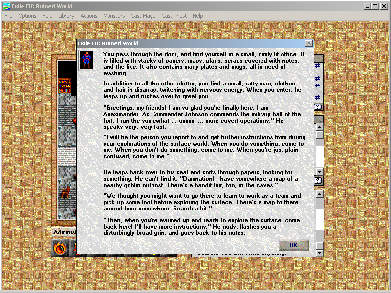 Exile III: Ruined World (Windows 3.x) screenshot: The main quest starts as your party is sent to the surface on a reconnaissance mission.