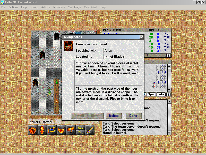 Exile III: Ruined World (Windows 16-bit) screenshot: If an NPC says something apparently important, that message can be recorded in the conversation journal to be viewed later.