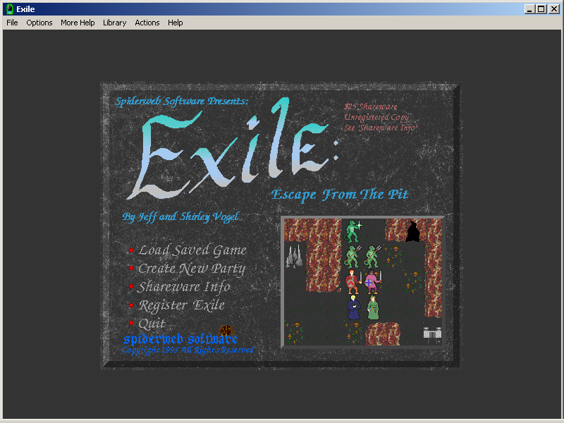 Exile: Escape from the Pit (Windows 3.x) screenshot: The old version of the main menu (v1.11).