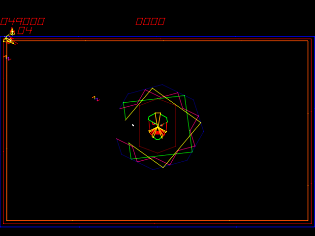 Zektor (Arcade) screenshot: Snuck a shot past this robot's shields...