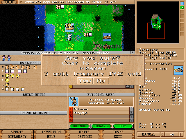 Great Nations (Windows) screenshot: You can opt to invest some gold in order to speed up production in a town.