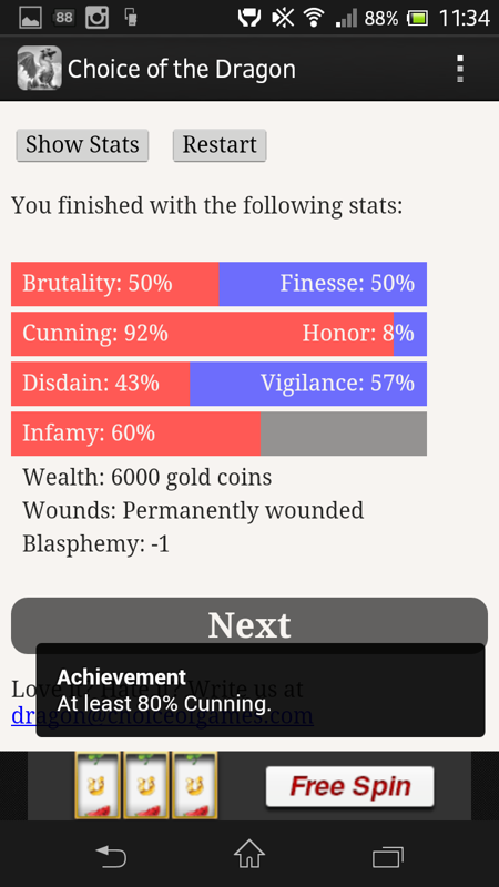 Choice of the Dragon (Android) screenshot: The player's statistics at game's end, plus an achievement!