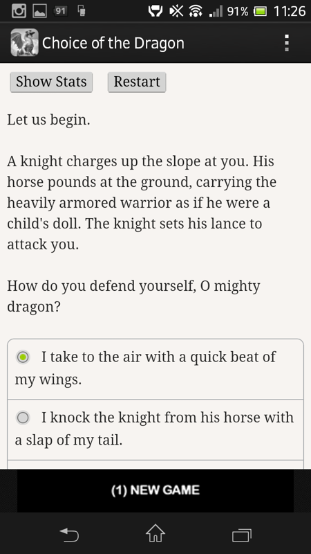 Choice of the Dragon (Android) screenshot: Developing the player character with some profiling questions