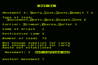 Conquering Everest (Atari 8-bit) screenshot: Attempting to Move Supplies