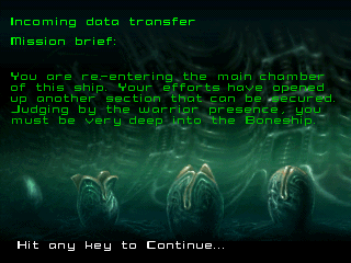 Alien Trilogy (DOS) screenshot: Later mission briefing