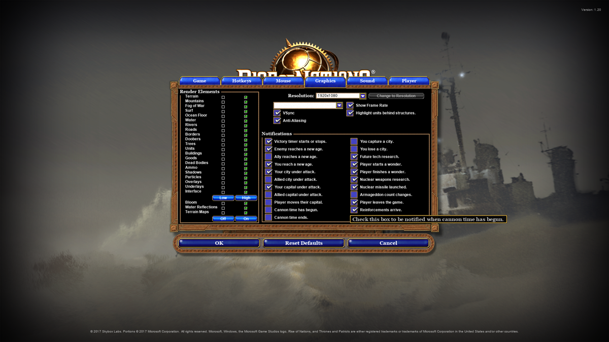 Rise of Nations: Extended Edition (Windows) screenshot: Options screen