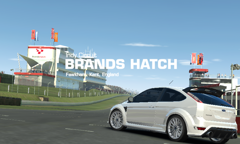 Real Racing 3 (Android) screenshot: Race loading screen on the Brands Hatch track with a Ford Focus